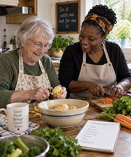 An older woman and her companion preparing vegetables together in the kitchen, showing supportive dementia care that encourages independence and involvement.