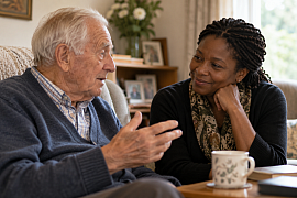 An older man sharing his thoughts with a companion who listens closely, reflecting the importance of listening to people living with dementia during their clearer moments.